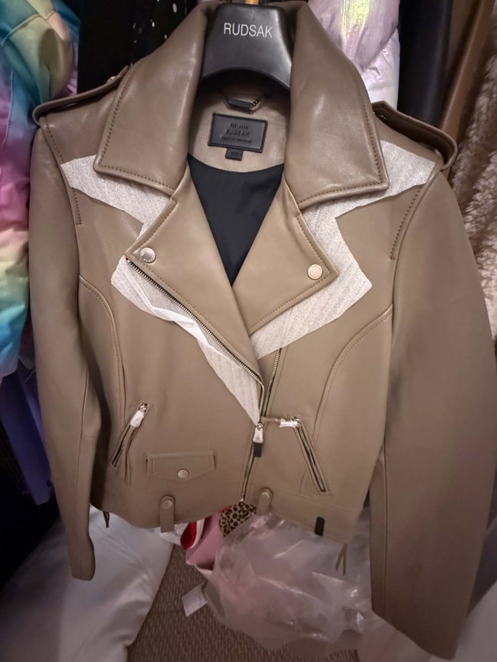 RUDSAK Taupe Leather Moto Jacket with Light Contrast Panels